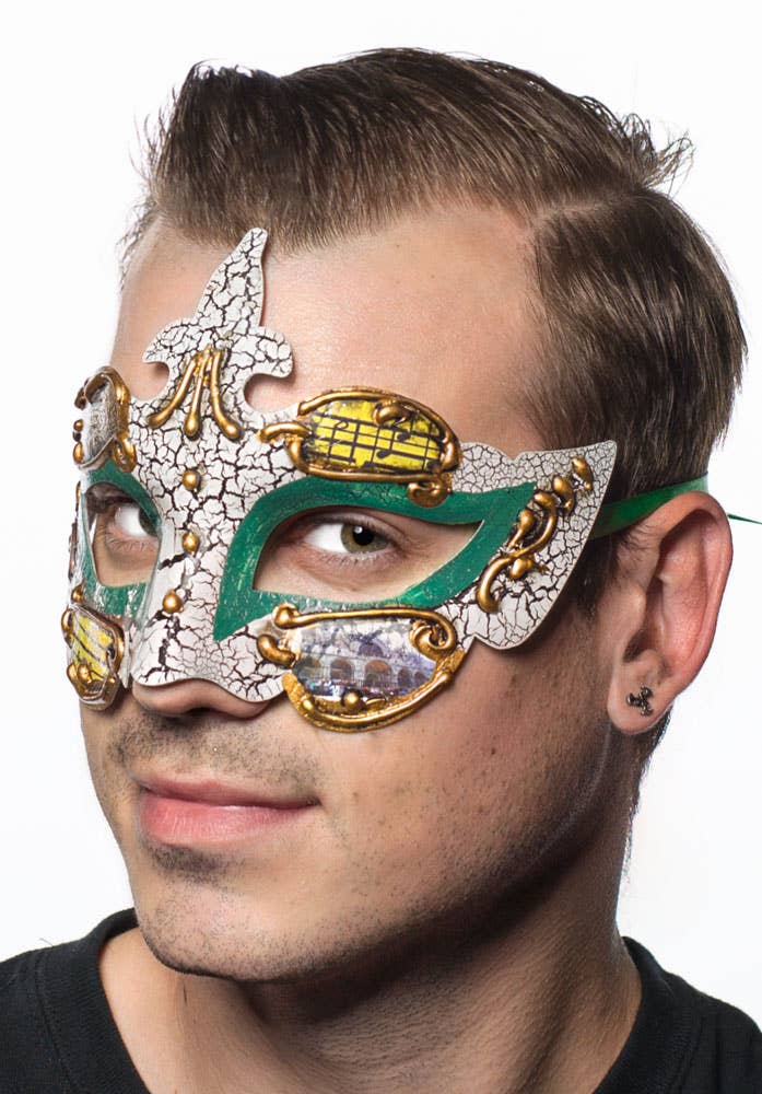 Green Crackle Paint Renaissance Style Masquerade Mask - Side Image
