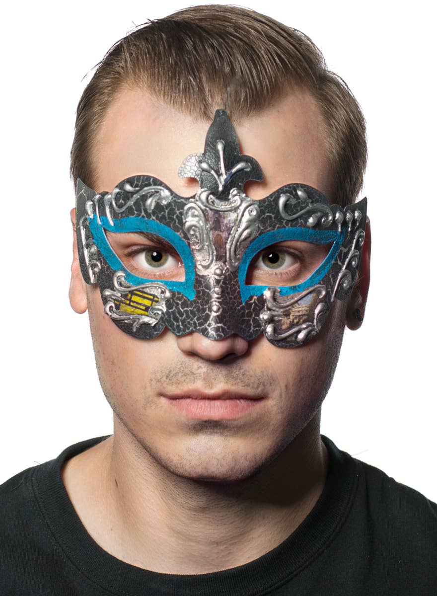 Teal Crackle Paint Renaissance Style Masquerade Ball Mask - Main Image