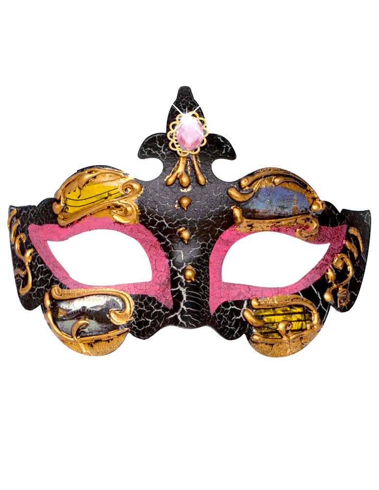 Pink and Black Crackle Paint Baroque Style Masquerade Ball Mask - Close View