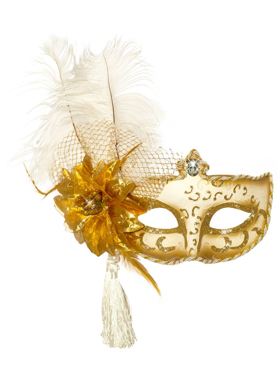 White and Gold Antoinette Masquerade Mask with Feathers - Alternate Image 2