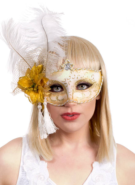 White and Gold Antoinette Masquerade Mask with Feathers - Main Image