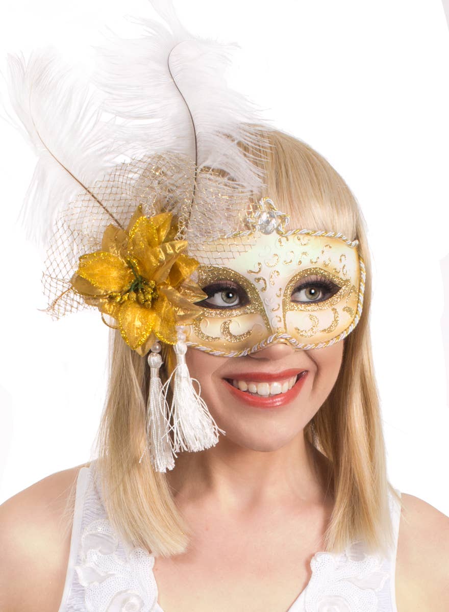 White and Gold Antoinette Masquerade Mask with Feathers - Alternate Image 1