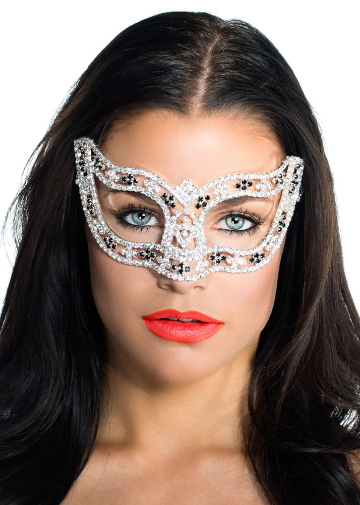 Deluxe Silver and Black Crystal Masquerade Mask - Alternate Image