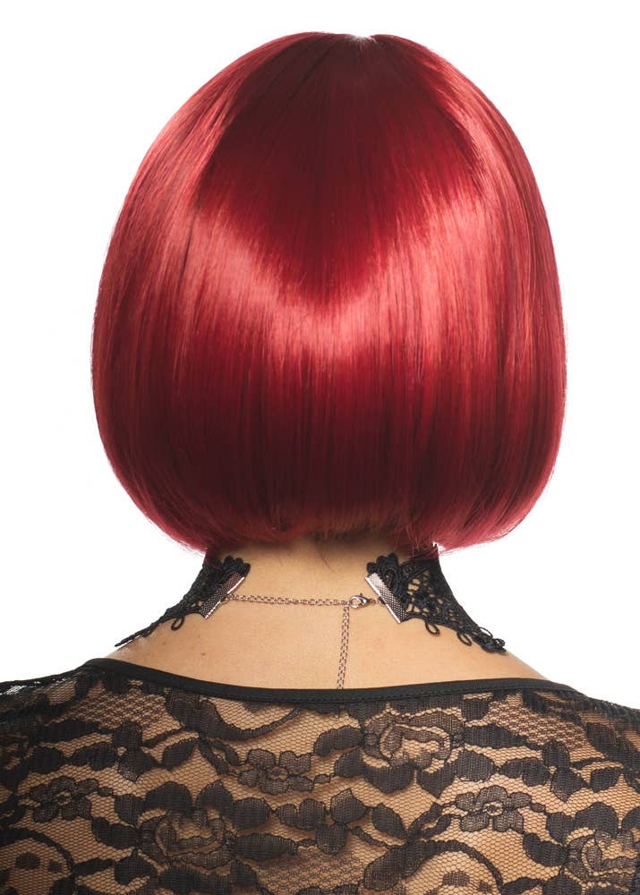 Women's Short Red Bob Halloween Costume Wig with Vampire Fringe Back View