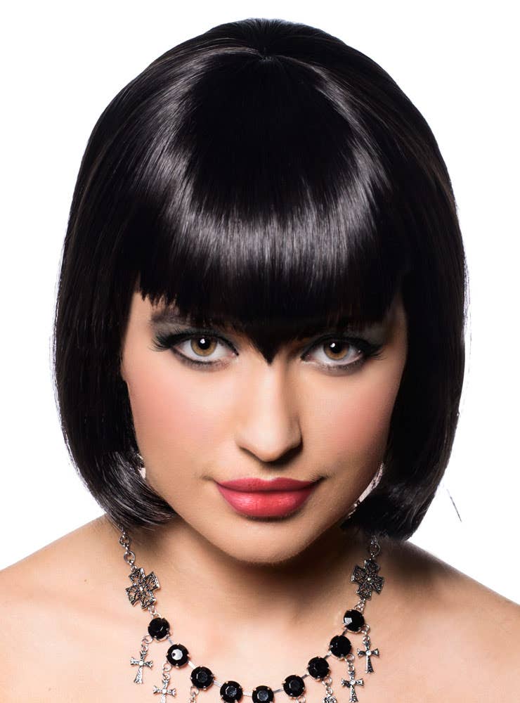 Image of Deluxe Women's Black Vampire Bob Wig with V Fringe - Alternate Front Image