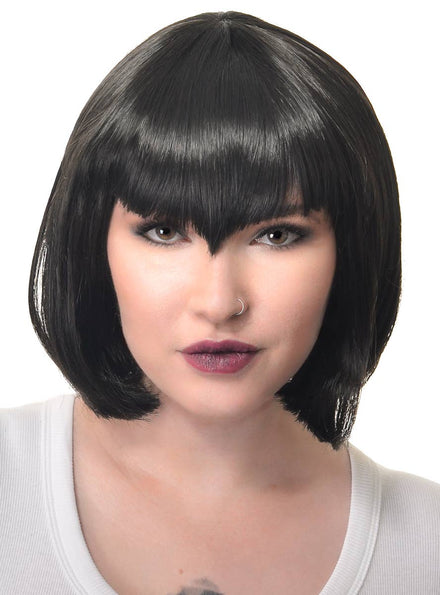 Image of Deluxe Women's Black Vampire Bob Wig with V Fringe - Front Image