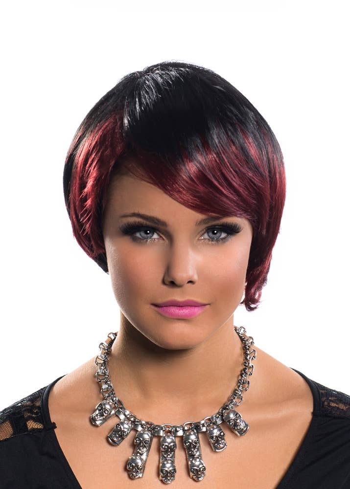 Short Red and Black Women's Asymmetrical Fashion Wig Front View