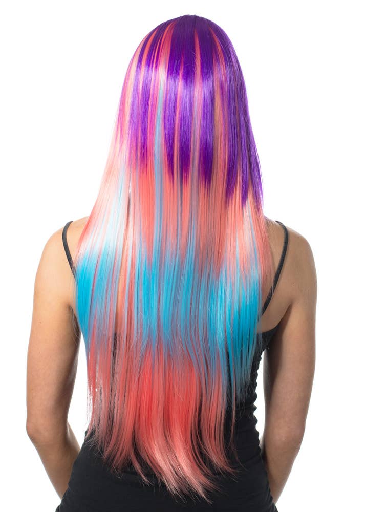 Image of Deluxe Long Purple Pink and Blue Women's Costume Wig - Back View