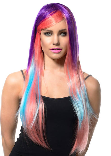 Image of Deluxe Long Purple Pink and Blue Women's Costume Wig - Front View