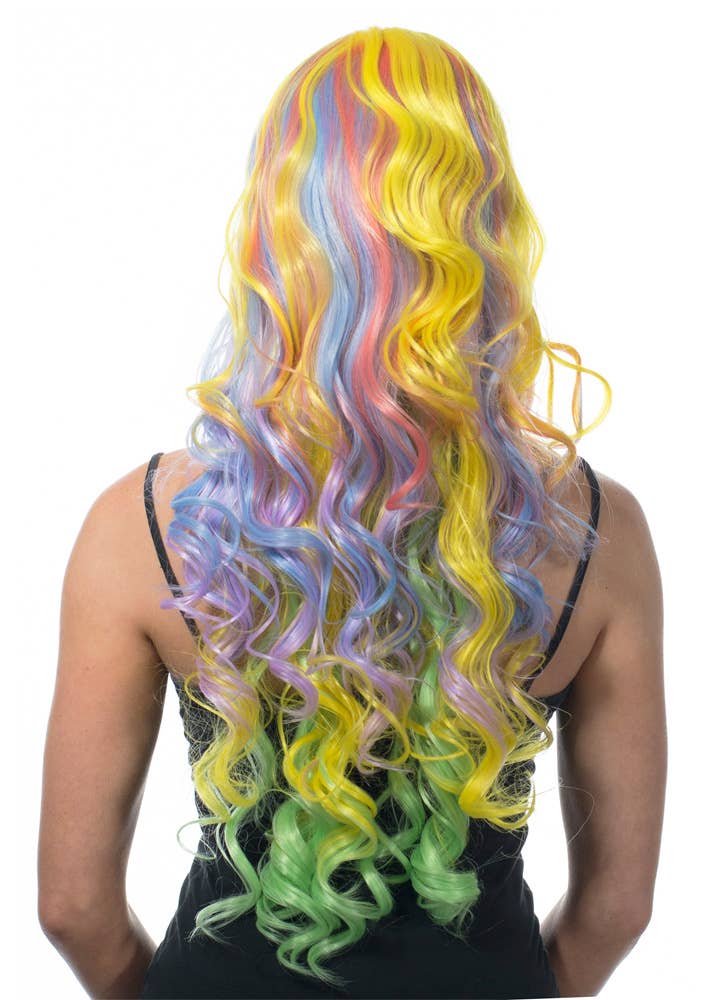 Image of Deluxe Pastel Rainbow Long Curly Women's Costume Wig - Back View
