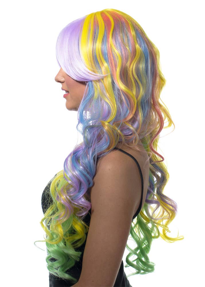 Image of Deluxe Pastel Rainbow Long Curly Women's Costume Wig - Side View