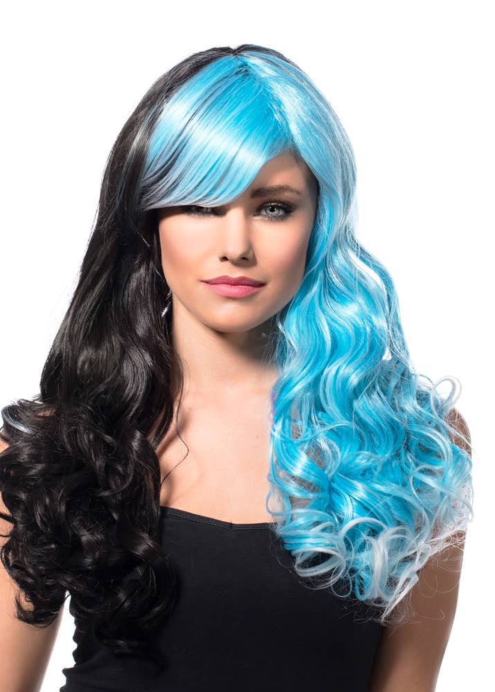 Image of Long Black and Blue Split Colour Women's Costume Wig - Alternate Front View 2