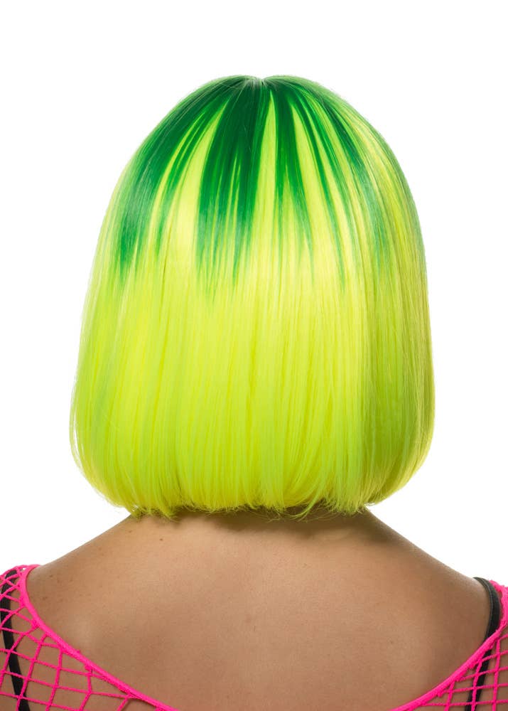 Neon Green and Yellow Two-Toned Deluxe Bob Costume Wig for Women Back View