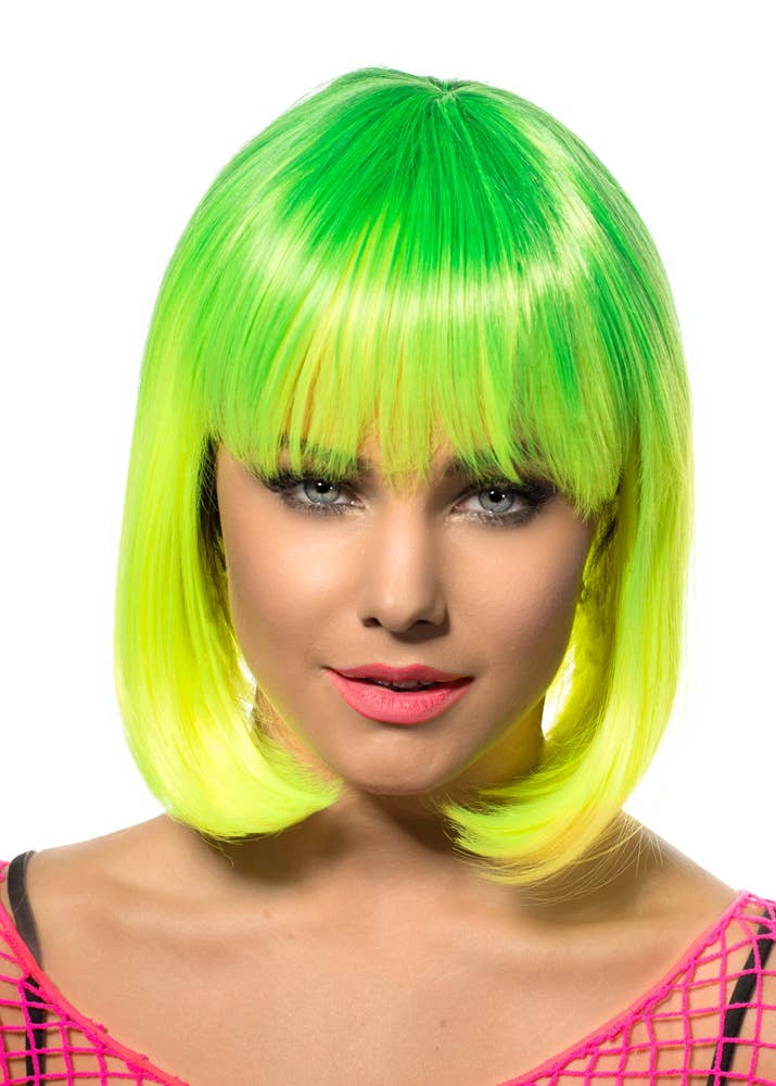Neon Green and Yellow Two-Toned Deluxe Bob Costume Wig for Women Front View
