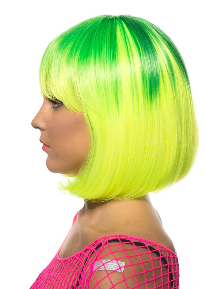 Neon Green and Yellow Two-Toned Deluxe Bob Costume Wig for Women Side View