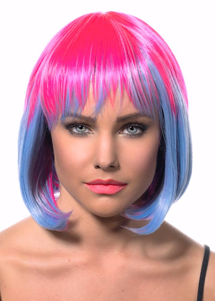 Pink and Blue Two-Toned Deluxe Bob Costume Wig for Women Front View