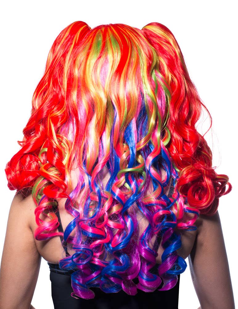 Image of Long Curly Rainbow Women's Costume Wig with Ponytail Clips - Back Image