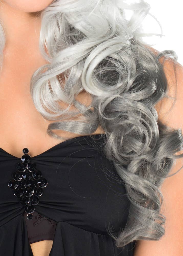 Image of Deluxe Long Curly Grey Ombre Women's Costume Wig - Close View