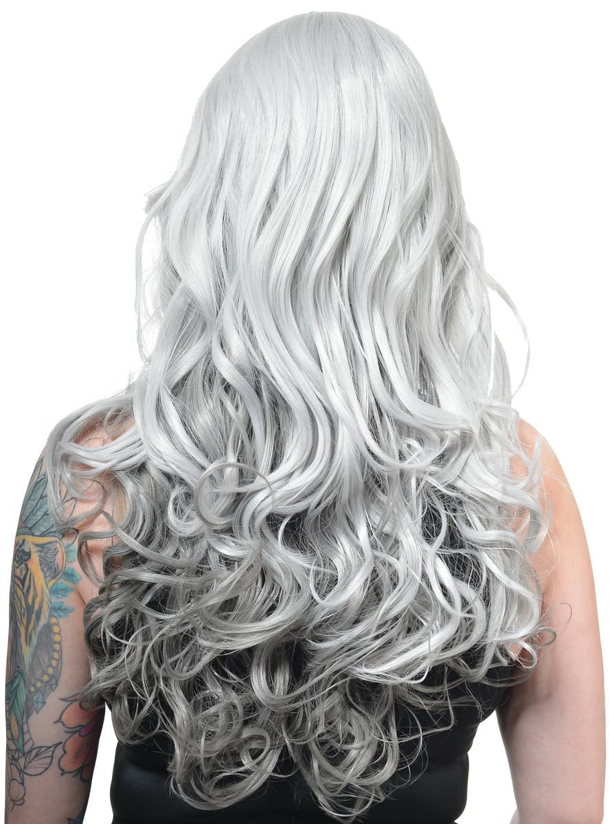 Image of Deluxe Long Curly Grey Ombre Women's Costume Wig - Main Back View