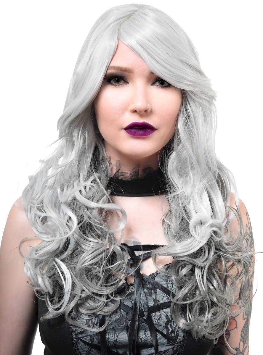 Image of Deluxe Long Curly Grey Ombre Women's Costume Wig - Alternate Front View