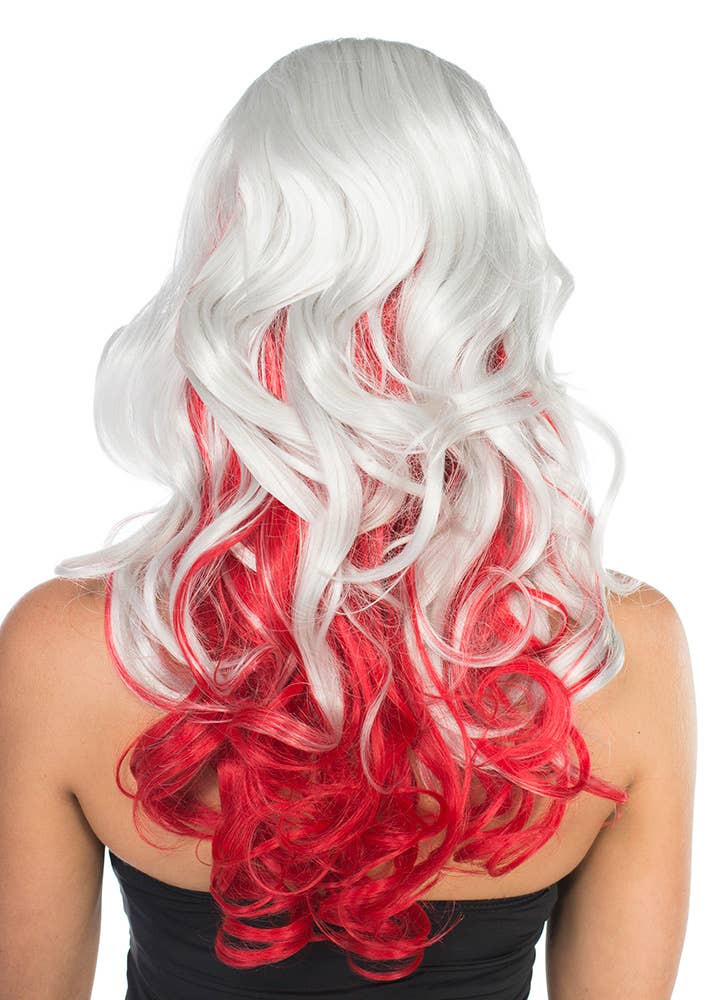 Image of Deluxe Long Curly Grey and Red Women's Costume Wig - Alternate Back View