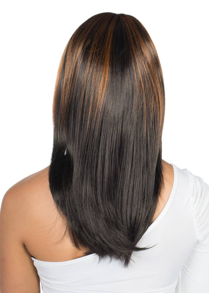 Deluxe Straight Black Women's Fashion Wig with Copper Highlights and Fringe - Back View