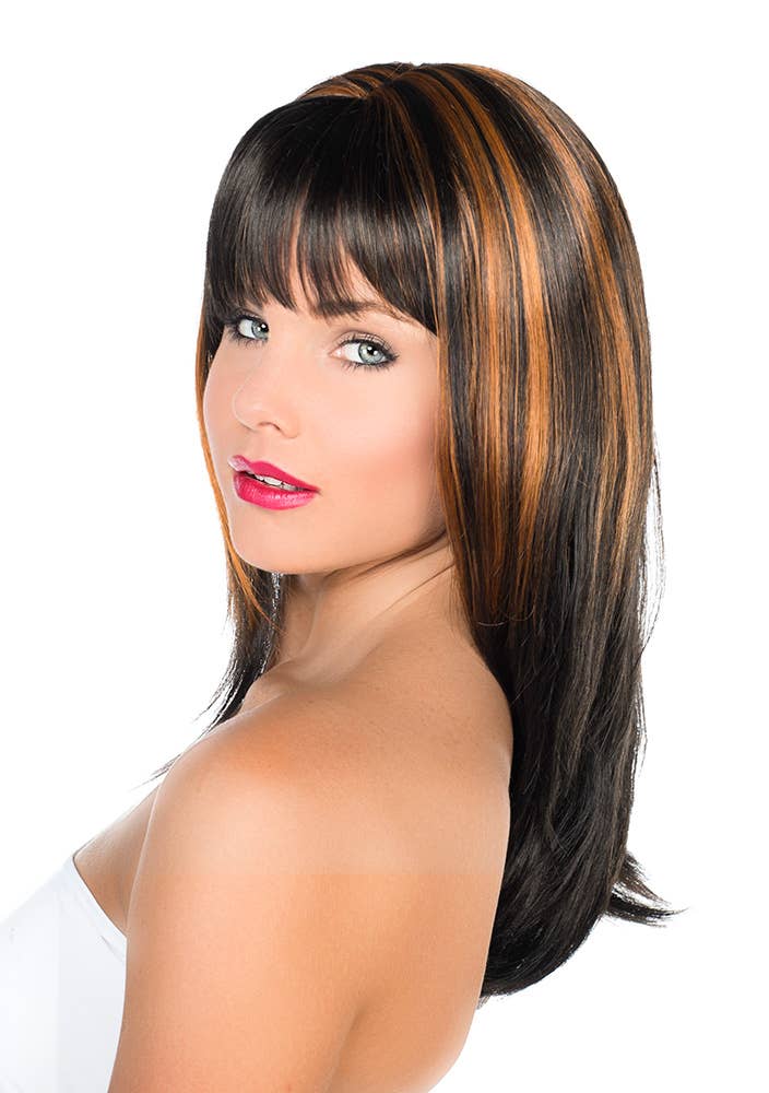 Deluxe Straight Black Women's Fashion Wig with Copper Highlights and Fringe - Side View