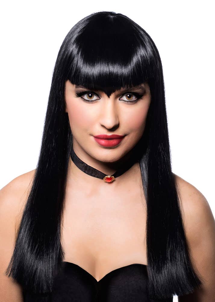 Image of Luna Deluxe Straight Black Women's Vampire Costume Wig - Front View