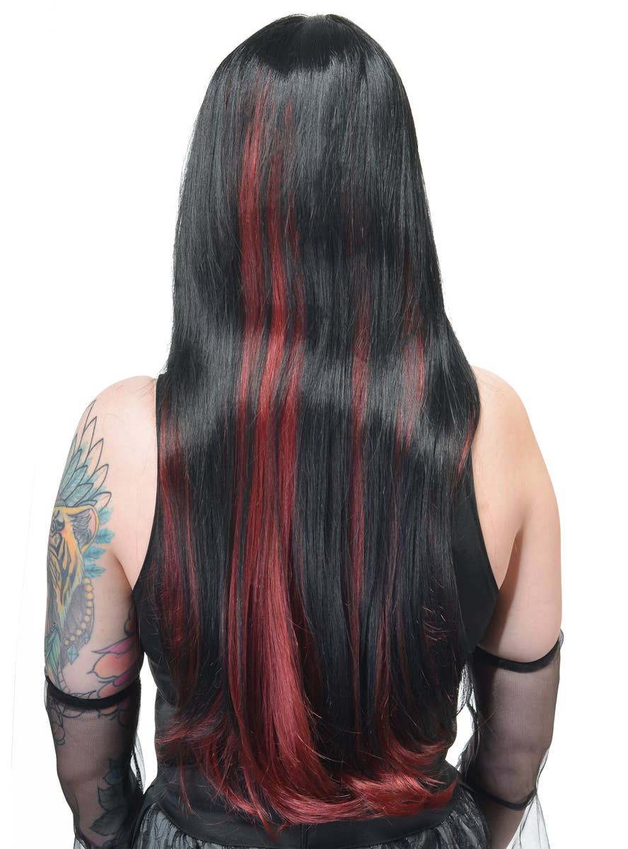 Image of Deluxe Long Black and Burgundy Women's Costume Wig - Main Back View