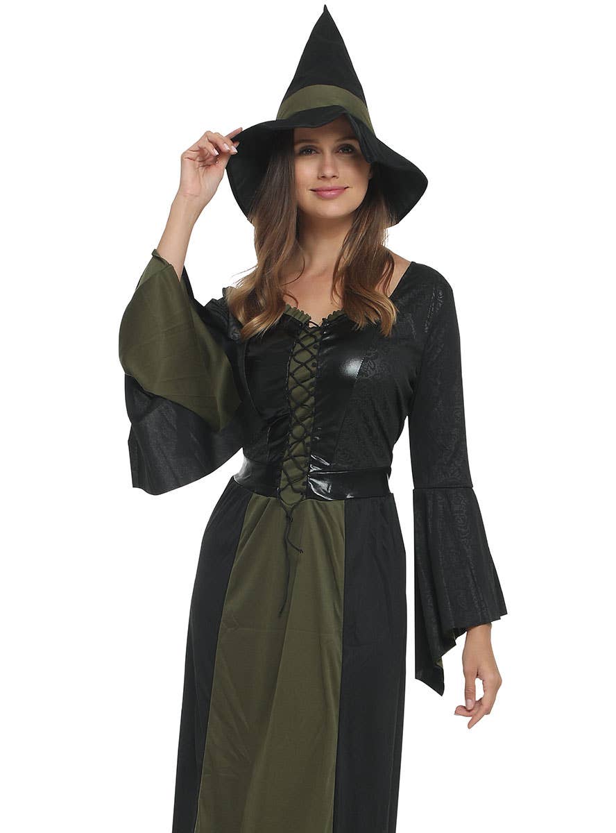 Image of Elegant Green and Black Witch Women's Halloween Costume - Close Image