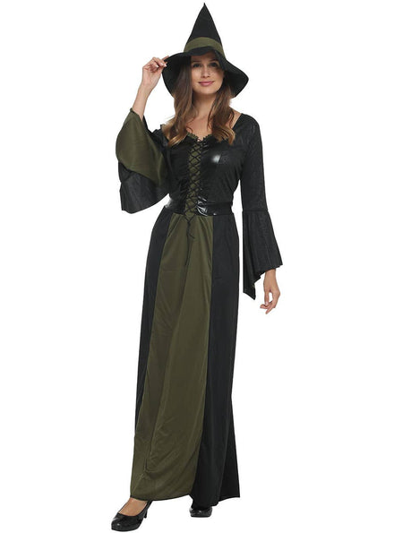 Image of Elegant Green and Black Witch Women's Halloween Costume - Front Image