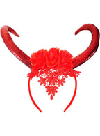 Image of Elegant Red Devil Horns Headband with Lace and Flowers