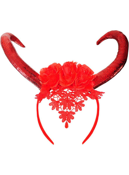 Image of Elegant Red Devil Horns Headband with Lace and Flowers