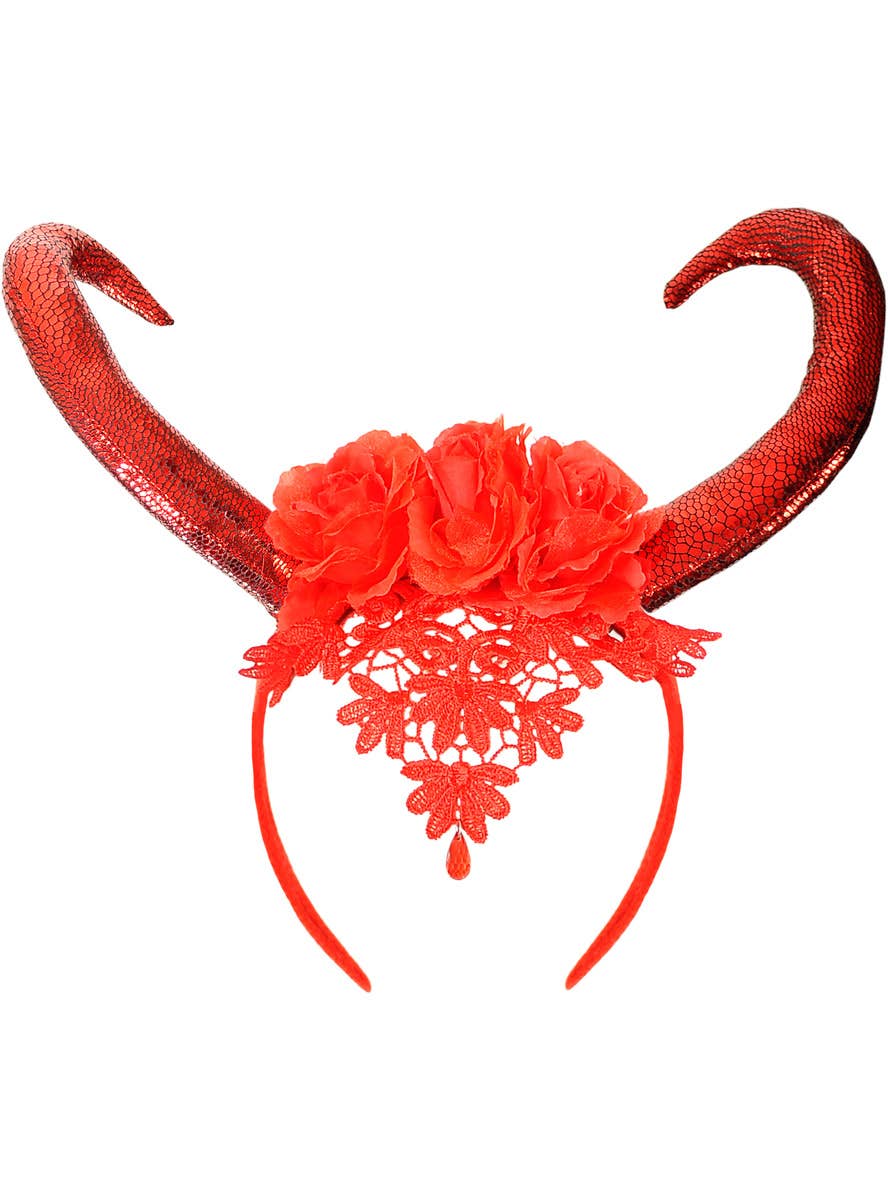 Elegant Red Devil Horns Headband with Lace and Flowers