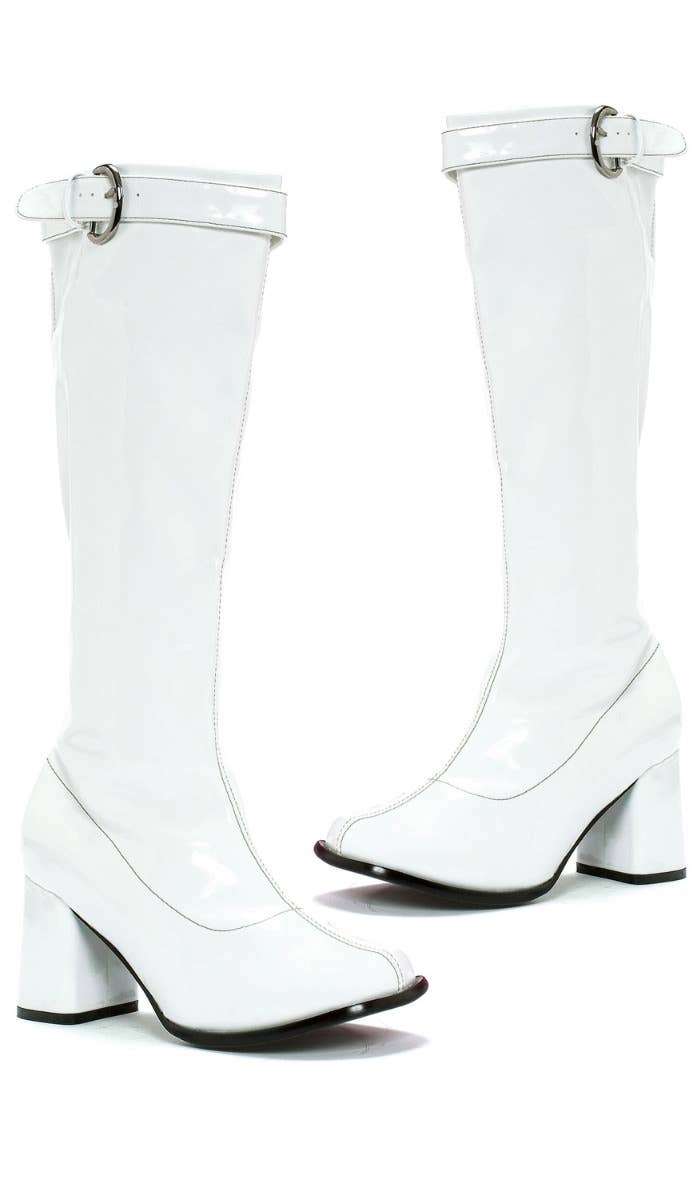 Women's White Vinyl Hippie Knee High Boots With 3" Platform Heel Alt Image