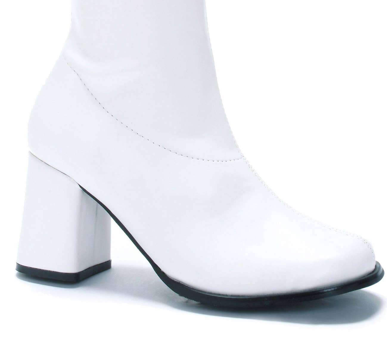 White Go Go Women's 1960's Long 3" Heel Costume Boots Ellie Shoes Close Up Image
