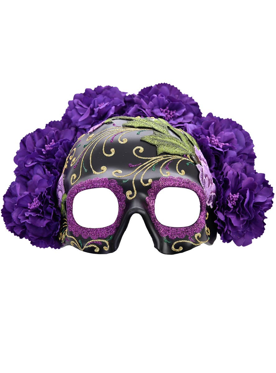 Floral Purple and Black Sugar Skull Masquerade Mask with Embroidered Flower Details - Alt Image