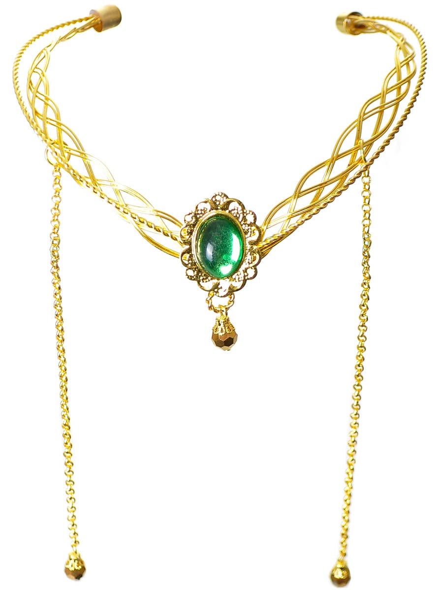 Image of Elvish Gold Costume Headpiece with Green Gem and Chains - Main Image