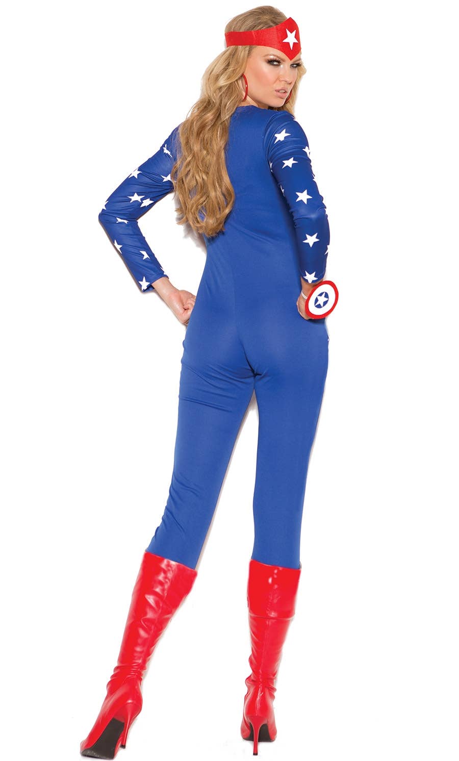 Women's American Hero Blue Captain America Catsuit Costume - Back Image