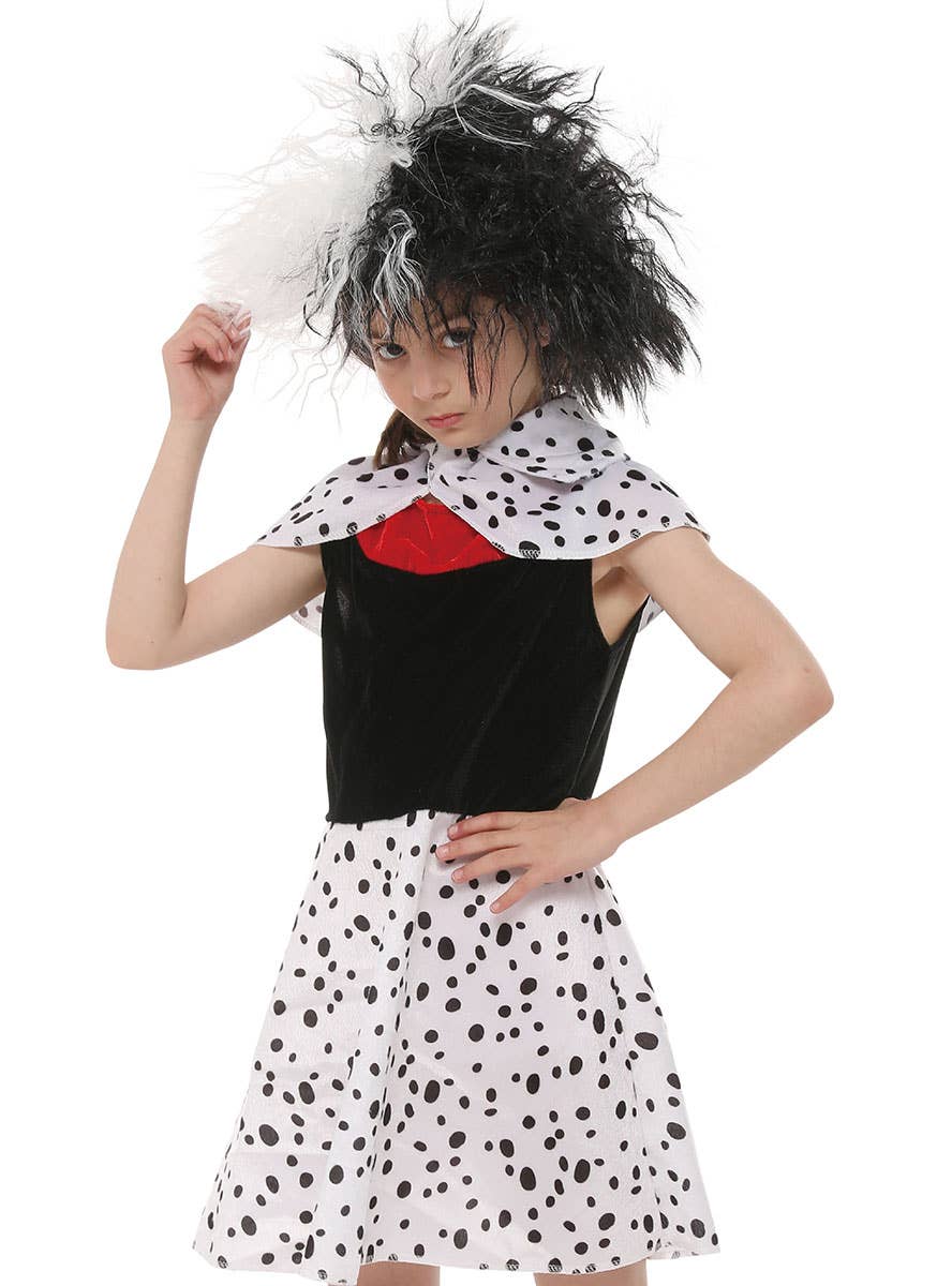 Image of Evil Dog Napper Girl's Cruella Book Week Costume - Close View