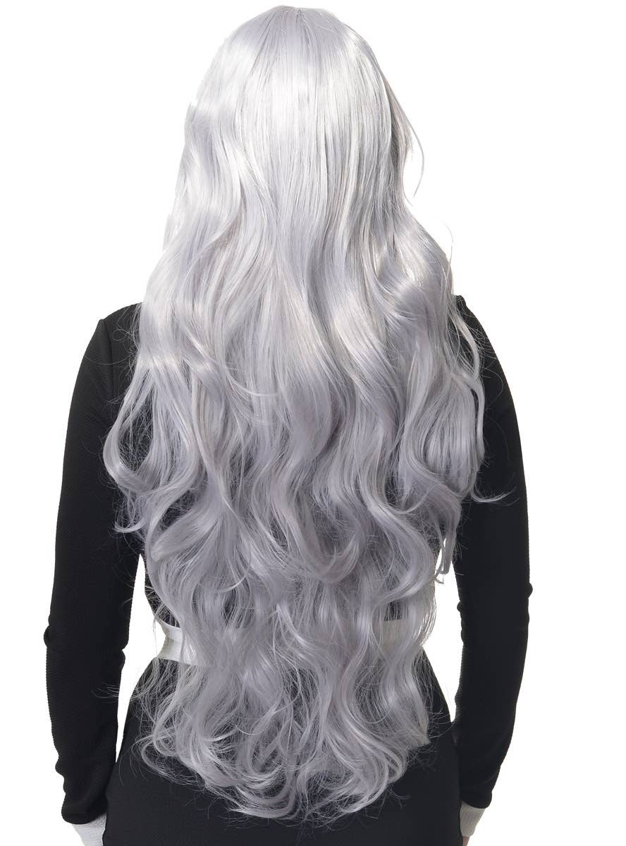 Image of Extra Long Wavy Silver Women's Costume Wig with Side Fringe - Back View