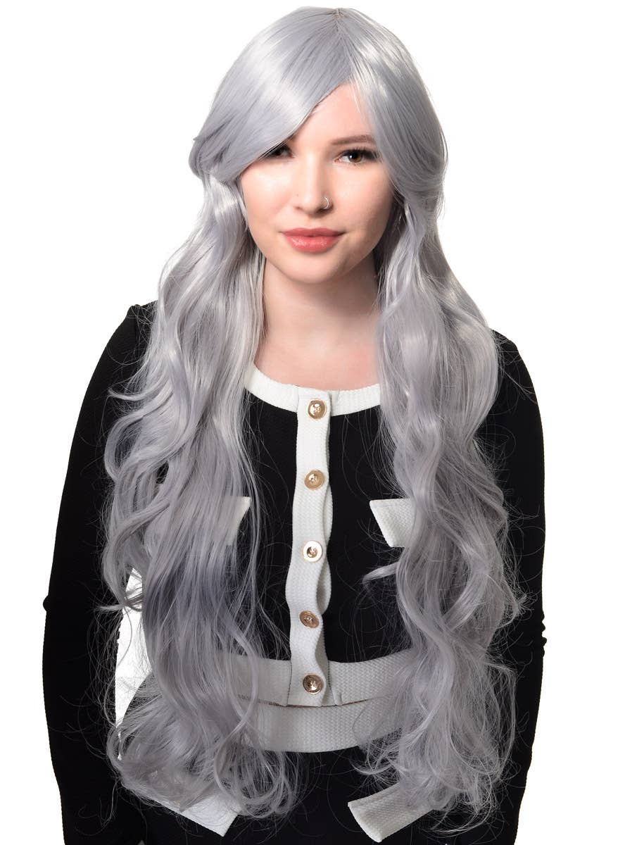 Image of Extra Long Wavy Silver Women's Costume Wig with Side Fringe - Front View