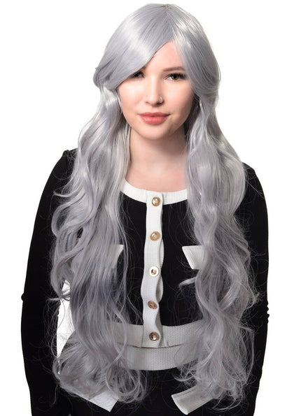 Image of Extra Long Wavy Silver Women's Costume Wig with Side Fringe - Front View