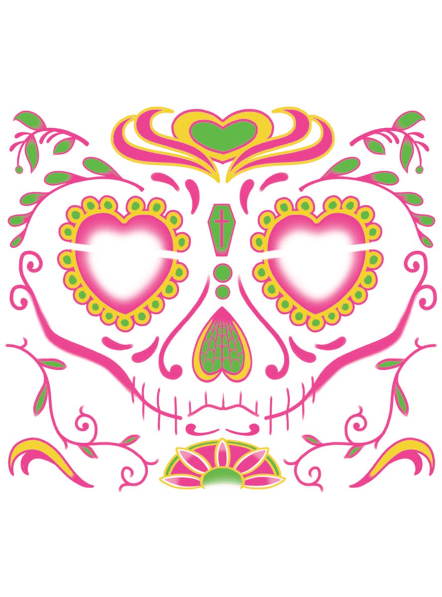 Women's Sugar Skull Pink and Green Face Tattoo - Alternative Image