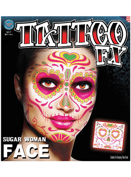 Women's Sugar Skull Pink and Green Face Tattoo - Main Image