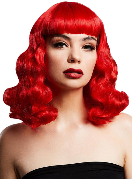 Image of Heat Resistant Short Bright Red Bettie Women's Costume Wig with Fringe - Main Image