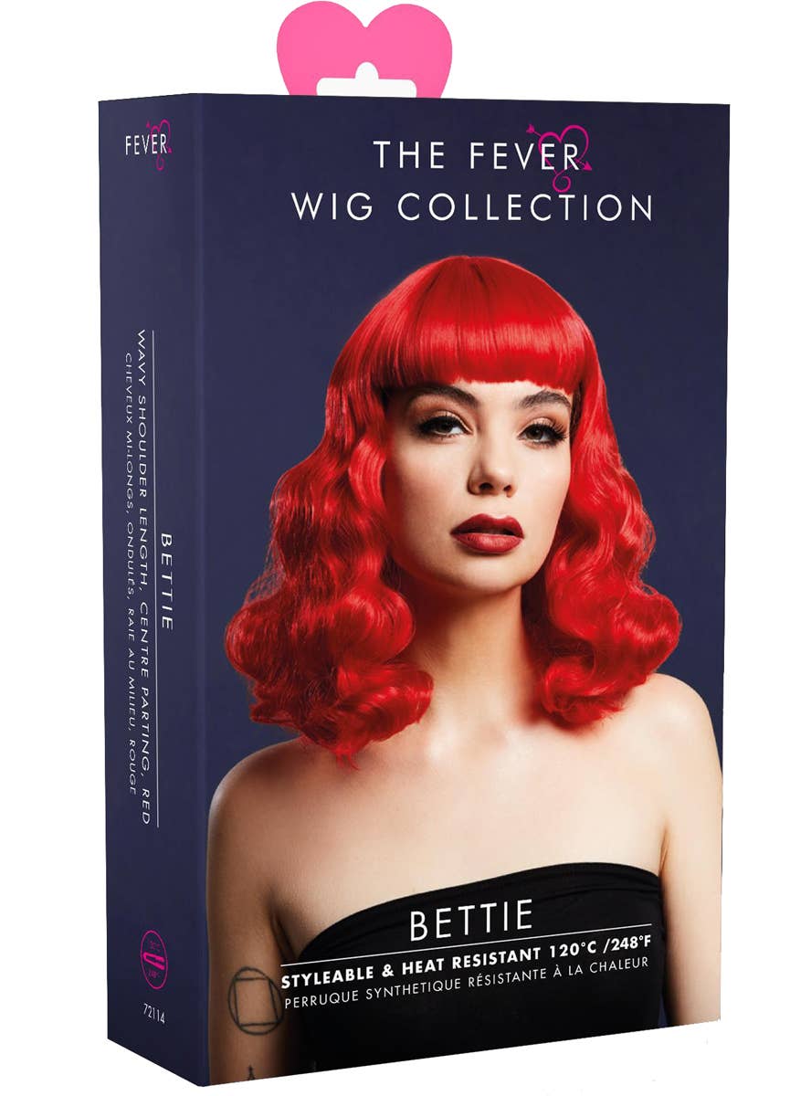 Image of Heat Resistant Short Bright Red Bettie Women's Costume Wig with Fringe - Packaging Image