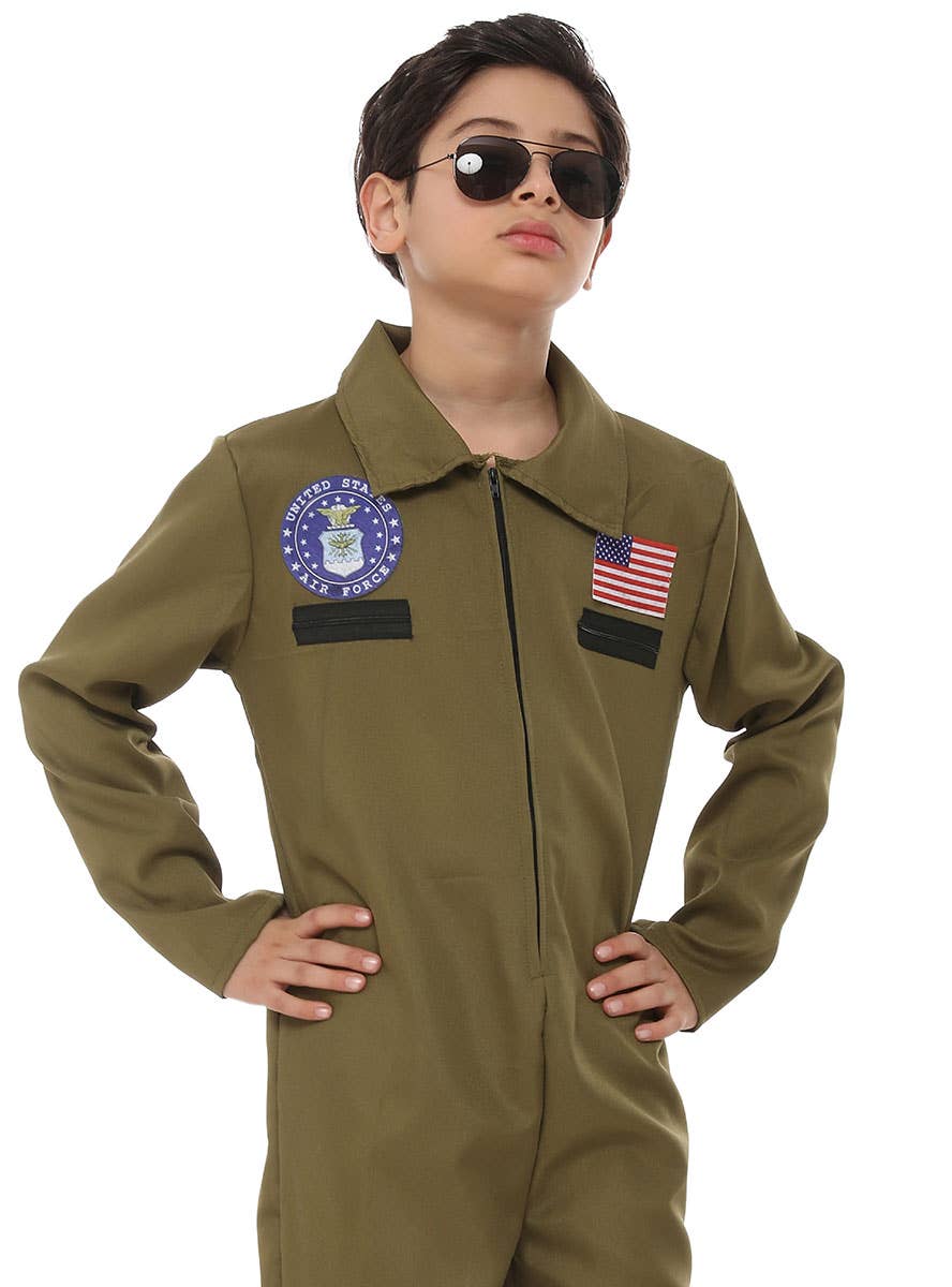 Image of Khaki Fighter Pilot Boy's Flight Jumpsuit Costume - Close View