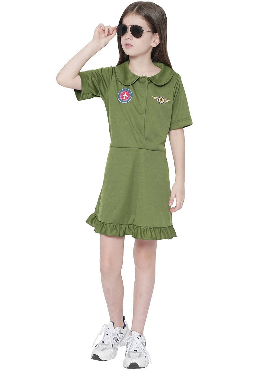 Image of Khaki Fighter Pilot Girl's Aviator Dress Up Costume - Alternate View