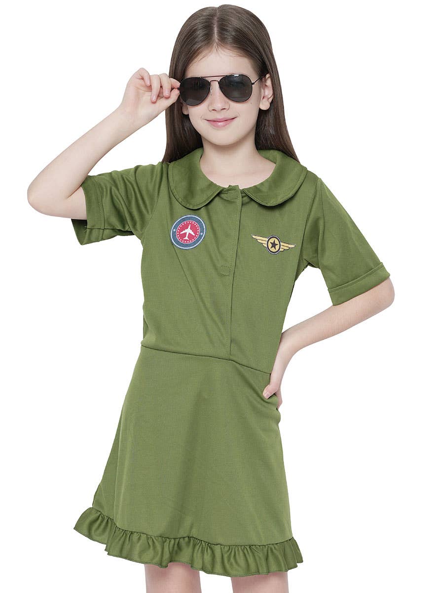 Image of Khaki Fighter Pilot Girl's Aviator Dress Up Costume - Close View